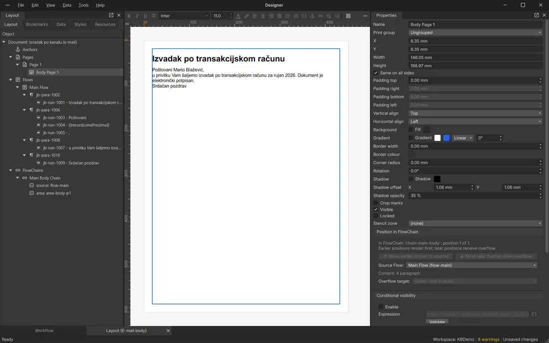 E-mail body designed like a page