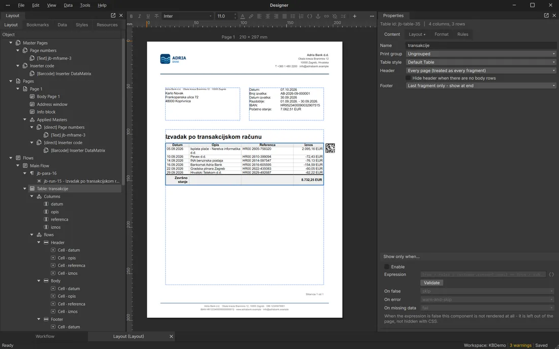 Bank statement with a table across pages