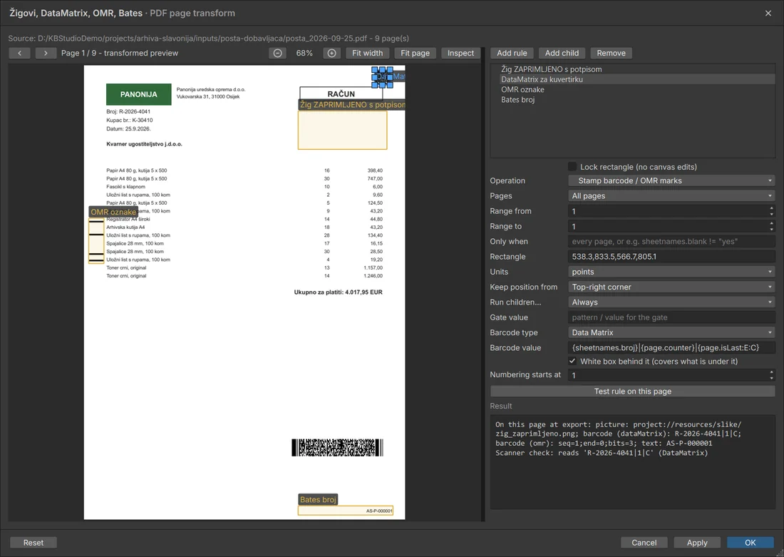 DataMatrix and OMR marks for the inserter; the test reads them back with a barcode reader (Scanner check).