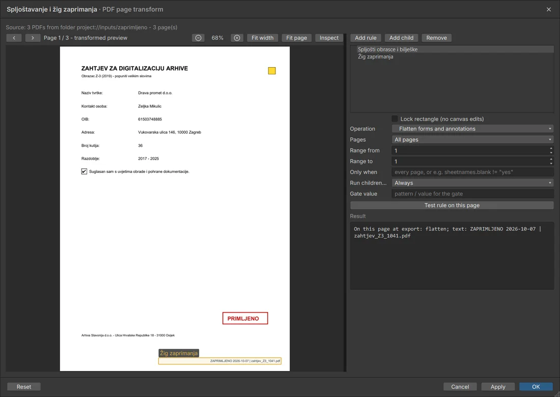 Flatten forms and annotations on an old form, with a receipt stamp that carries the file name.