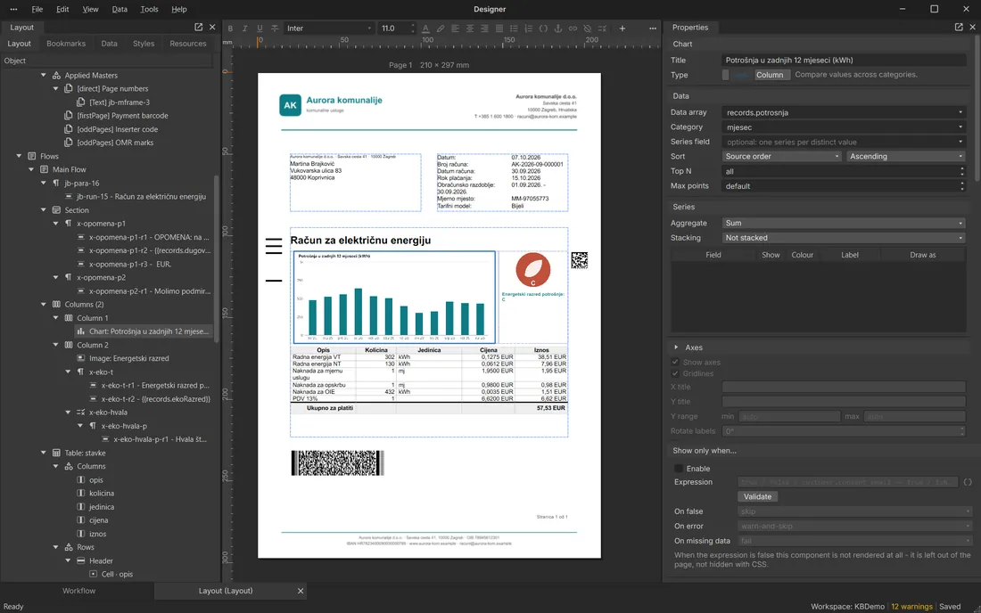 Electricity bill in the layout designer