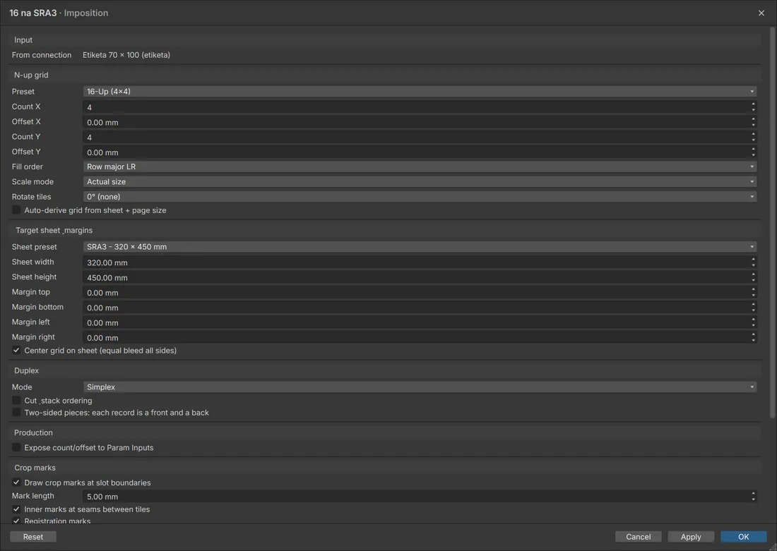 Imposition: 16 labels on SRA3