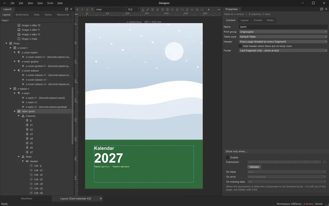 Wall calendar computed by a script