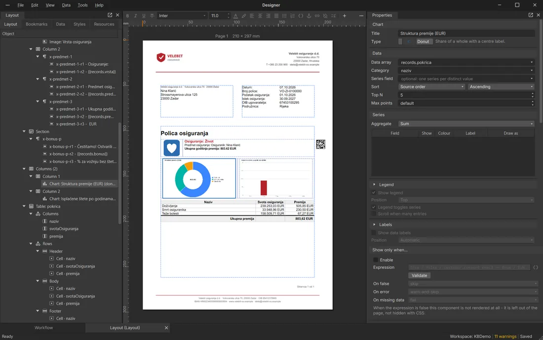 Insurance policy with charts and conditional content