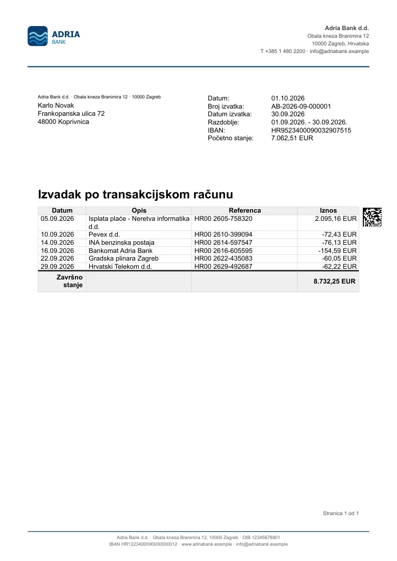 Account statement with transactions, closing balance and DataMatrix