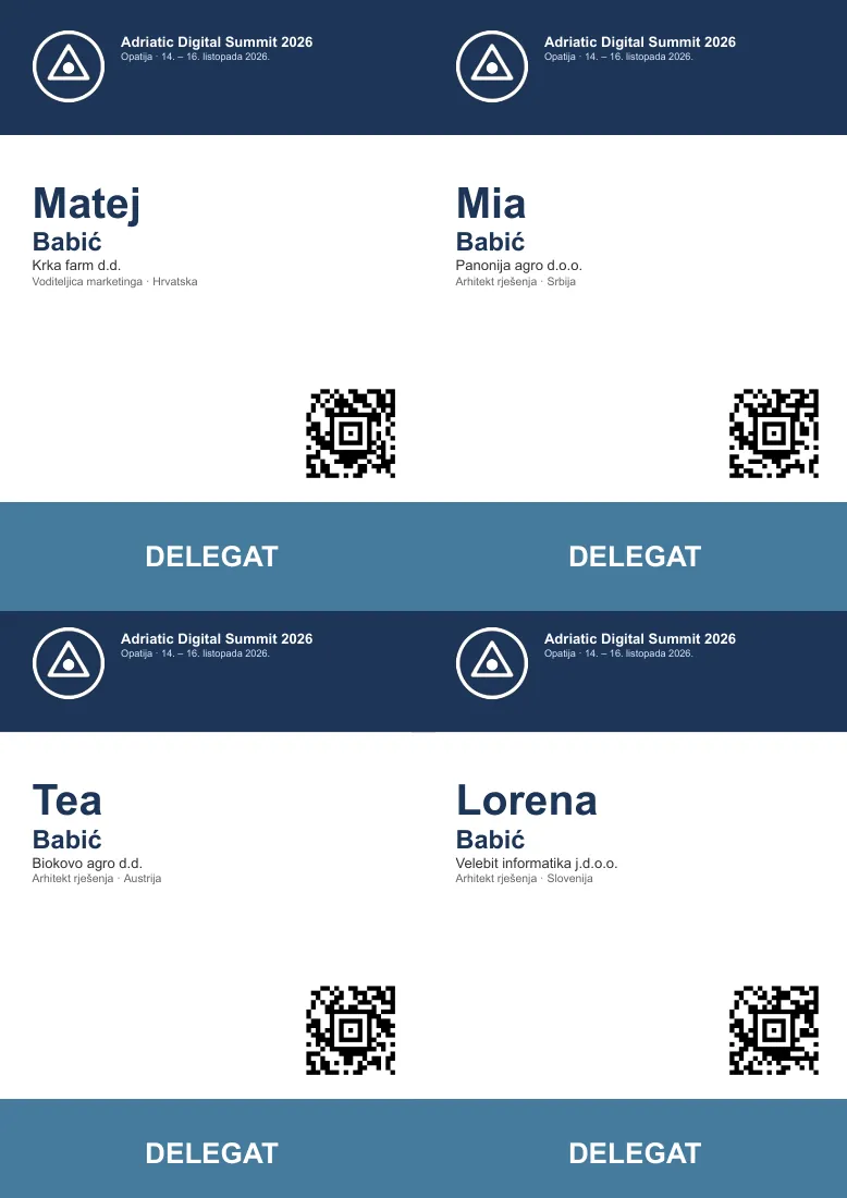 Conference badges with Aztec, colour by category