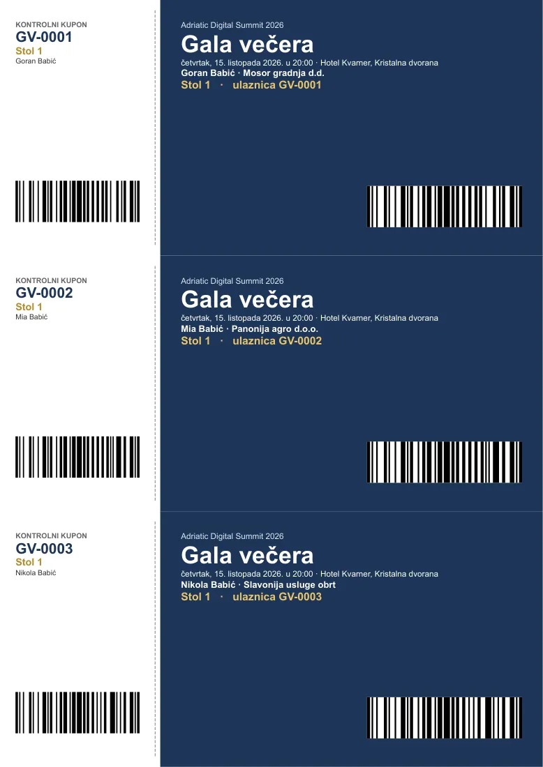 Gala tickets with control stub