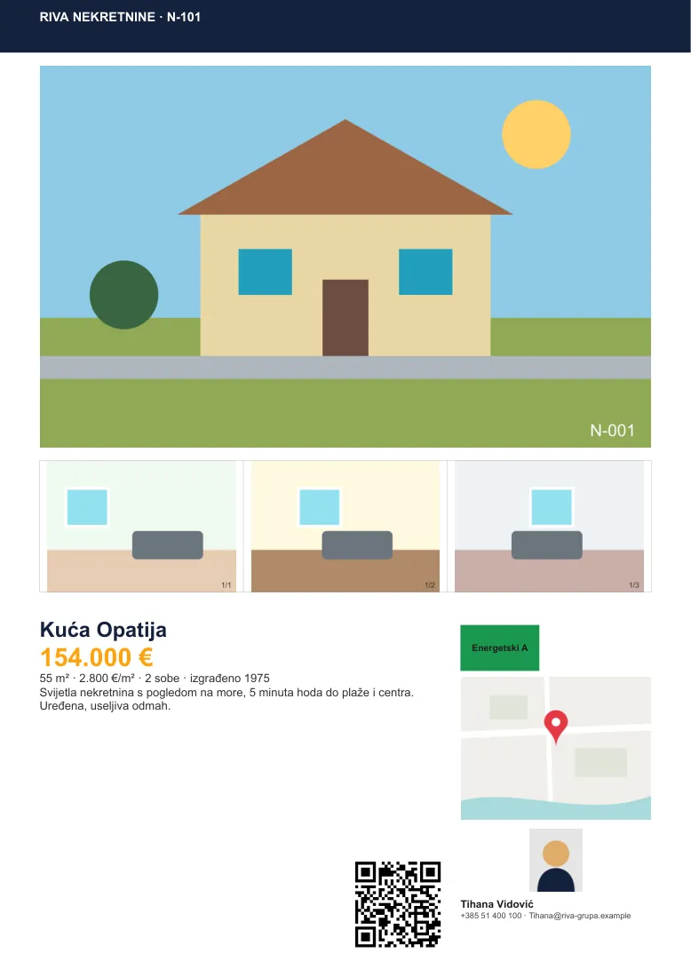 Property exposé with photos, map and agent