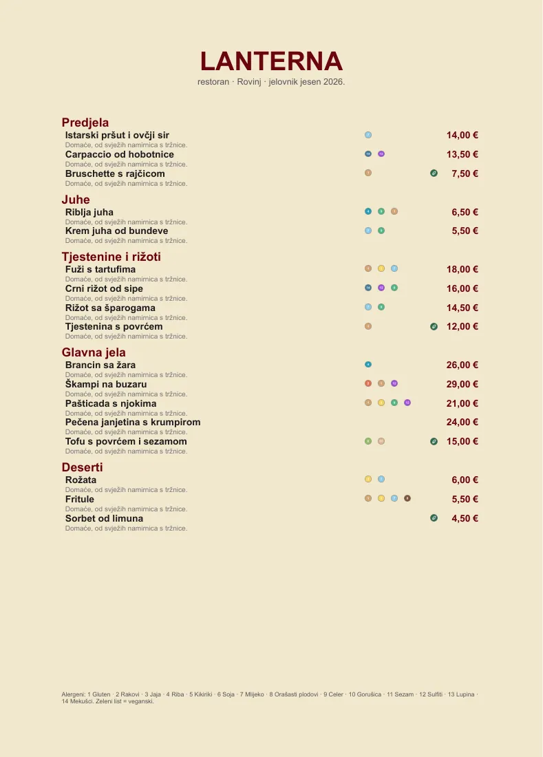 Restaurant menu with allergen icons from the data