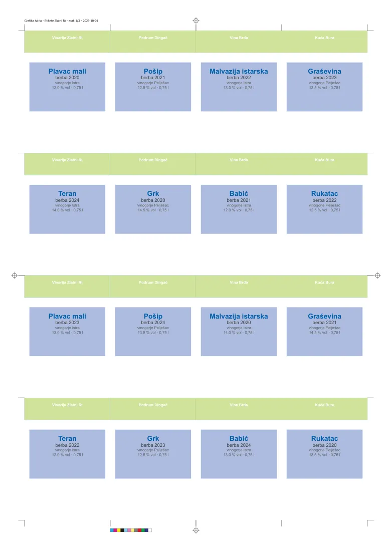 Labels, 16 per SRA3, with marks, colour bar, spot colour, PDF/X-4