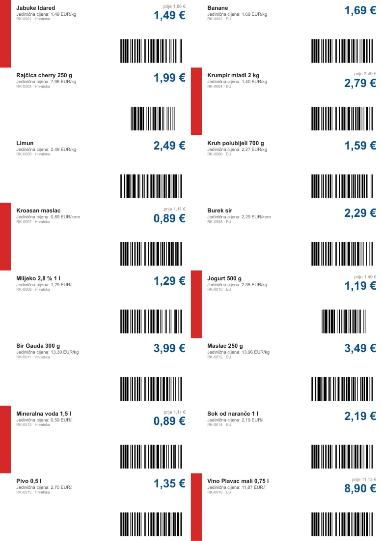 Shelf labels with unit price, EAN-13, EAN-8, UPC-A