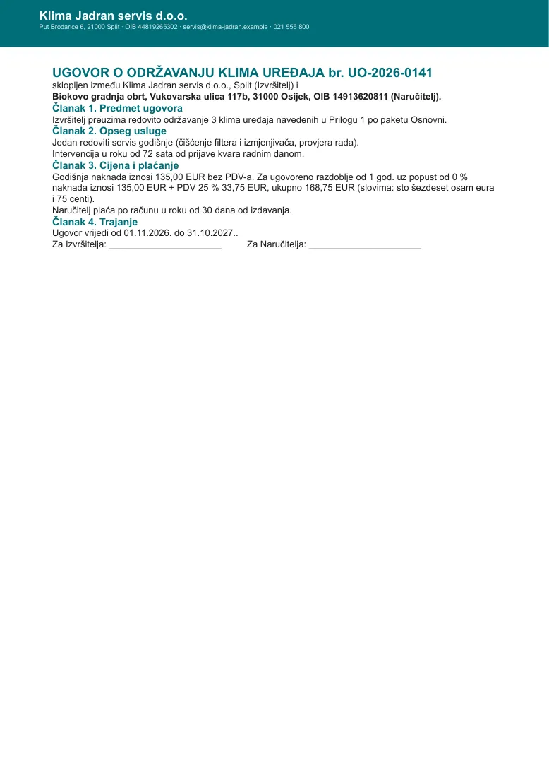 Maintenance contract with conditional clauses