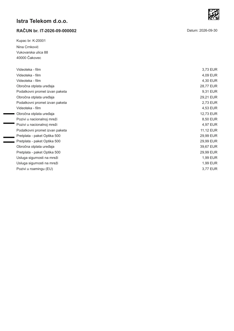 Telecom invoice spool, values read from the page