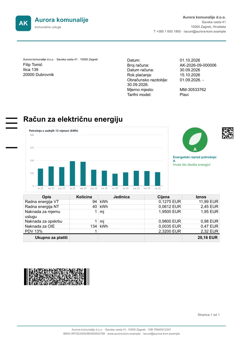 Electricity bill: 12-month chart, energy class, HUB3